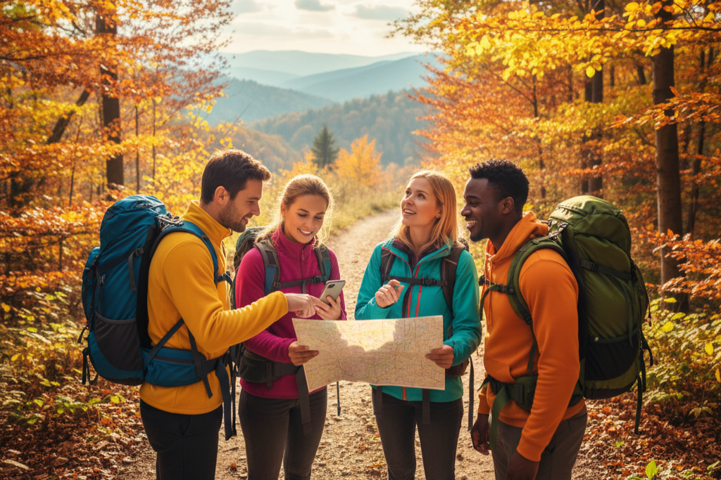 Group of beginner hikers in colorful fall layers checking a map on a forest trail, showing how to layer clothes for hiking in fall.